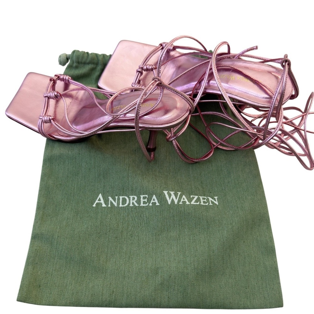 Andrea Wazen Metallic Pink Strappy Lace Up Square Toe Kitten Heels Size 36